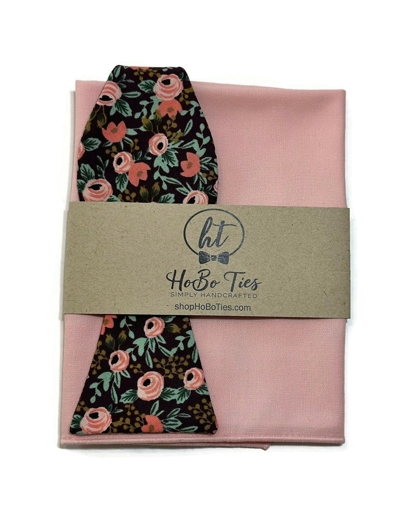 Currant Rosa Floral Bow Tie displayed with matching pocket square, handcrafted neckties and men's accessories.