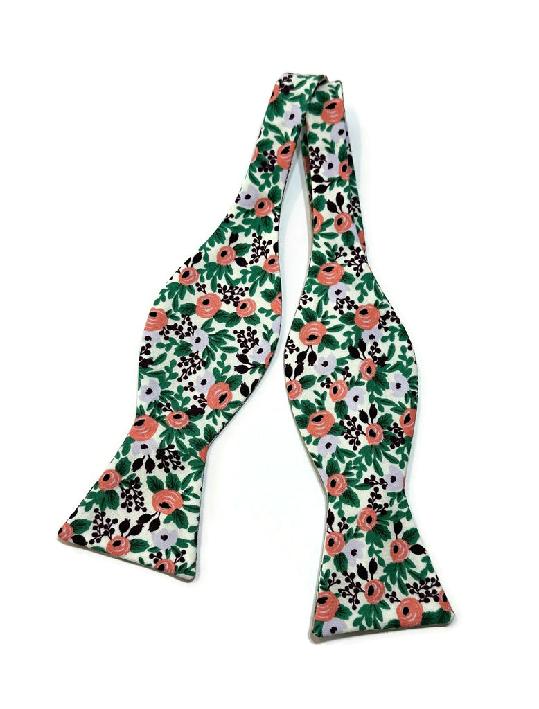 Lavender Rosa Floral Bow Tie, handcrafted neckties, handmade bow ties for men and boys, unique floral pattern.