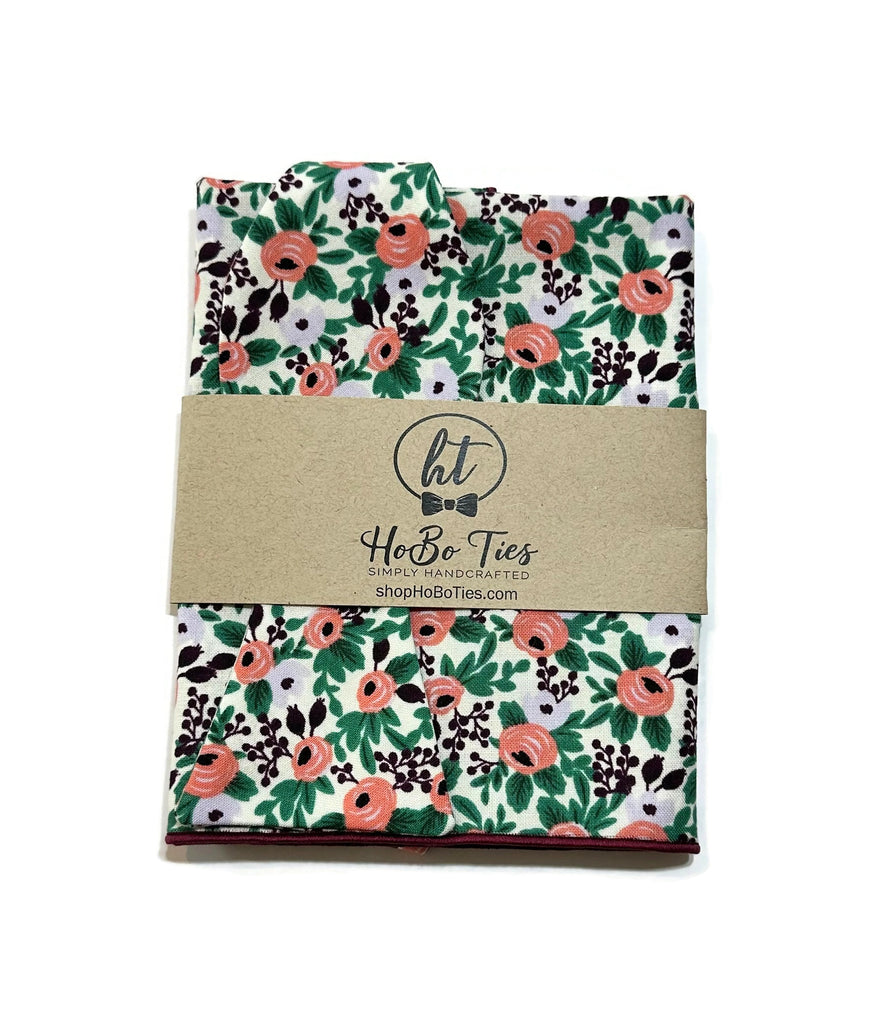 Lavender Rosa Floral Bow Tie beautifully wrapped in floral fabric, ideal for men’s accessories and wedding neckwear.