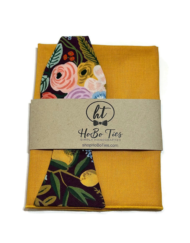 Eggplant Garden Party Floral Bow Tie with packaging, perfect for weddings and special occasions, handcrafted neckties and men’s accessories.