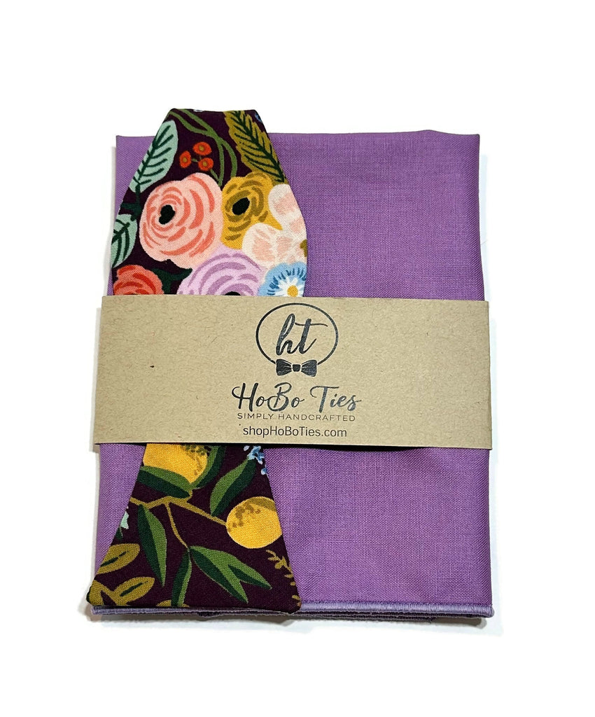 Eggplant Garden Party Floral Bow Tie with matching pocket square, handcrafted neckties for unique men’s formal wear.