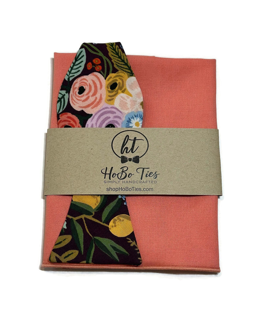 Eggplant Garden Party Floral Bow Tie with matching pocket square, handcrafted neckties and accessories for weddings and formal events.