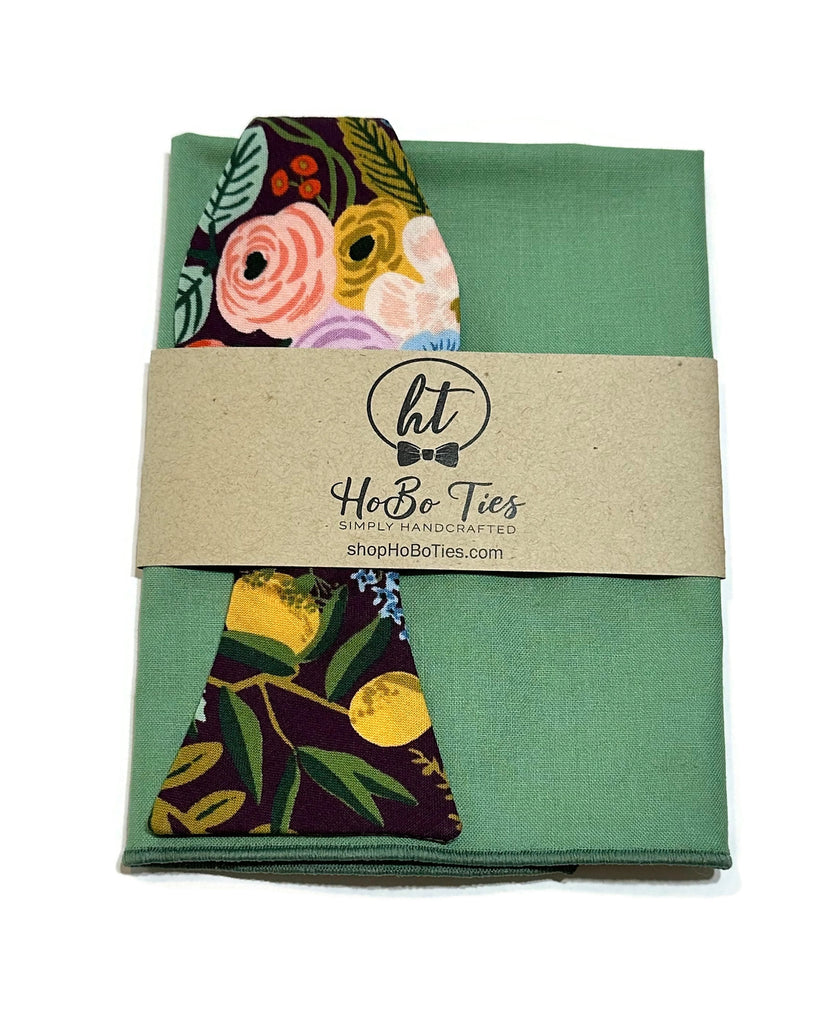 Eggplant Garden Party Floral Bow Tie with complementary pocket square, handcrafted neckties for men, shop small.