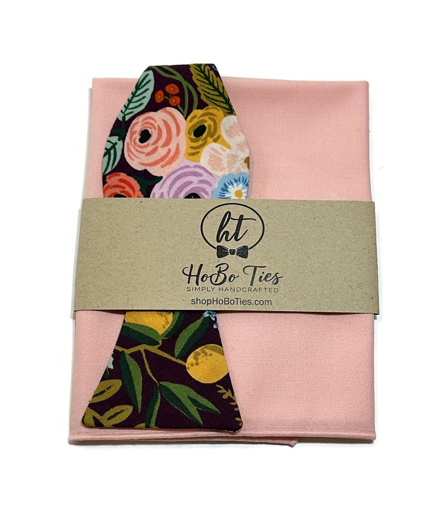 Eggplant Garden Party Floral Bow Tie with matching pocket square from HoBo Ties, handcrafted accessories for men.