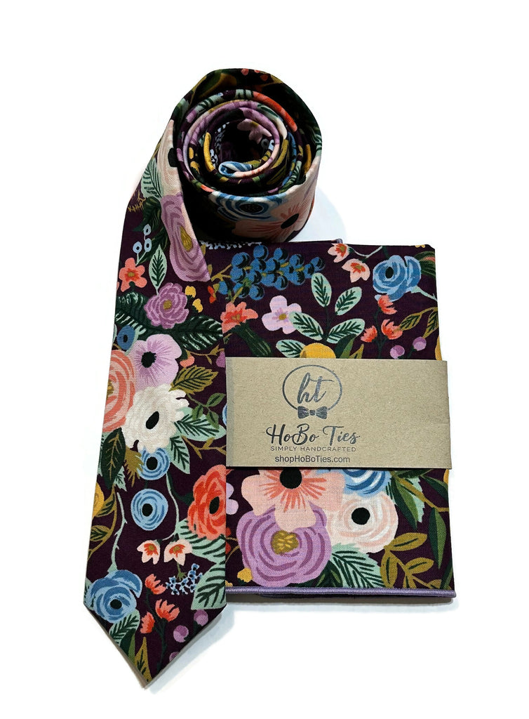 Eggplant Garden Party Floral Necktie with matching pocket square, handcrafted neckties for men and boys.