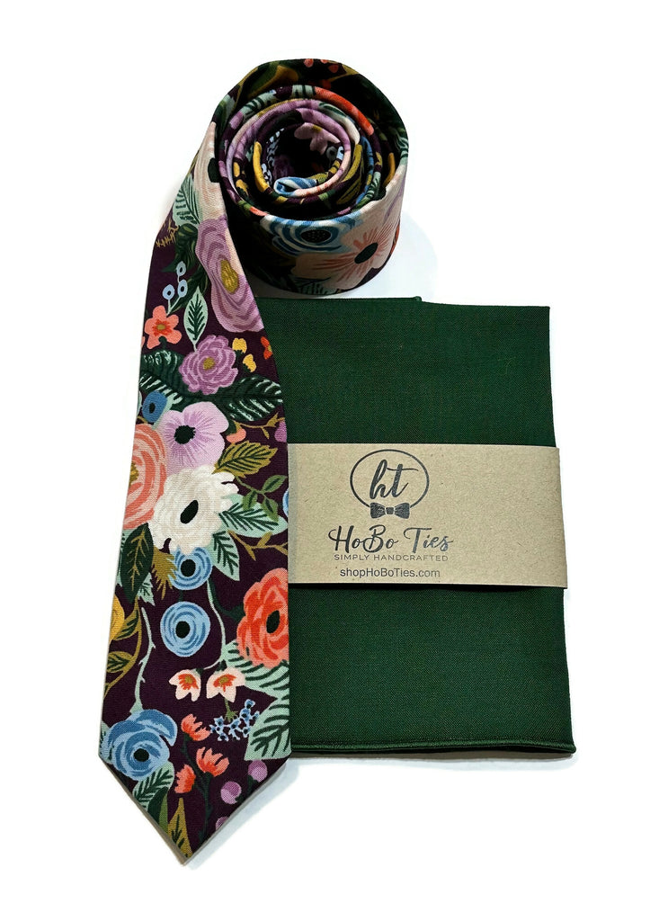 Eggplant Garden Party Floral Necktie with matching pocket square, handcrafted neckties and unique floral patterns.