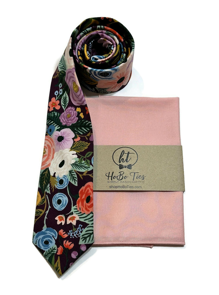 Eggplant Garden Party Floral Necktie with matching pocket square, handcrafted neckties, perfect for weddings and formal wear.