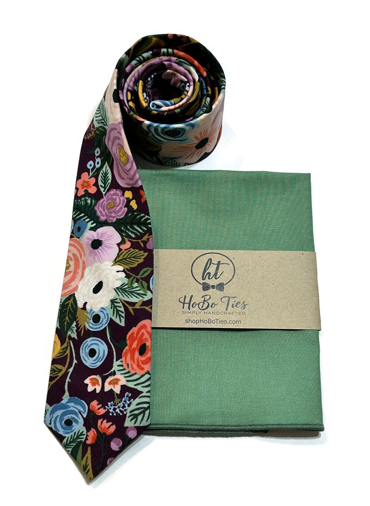 Eggplant Garden Party Floral Necktie with matching pocket square and rolled tie, handcrafted neckties for men.