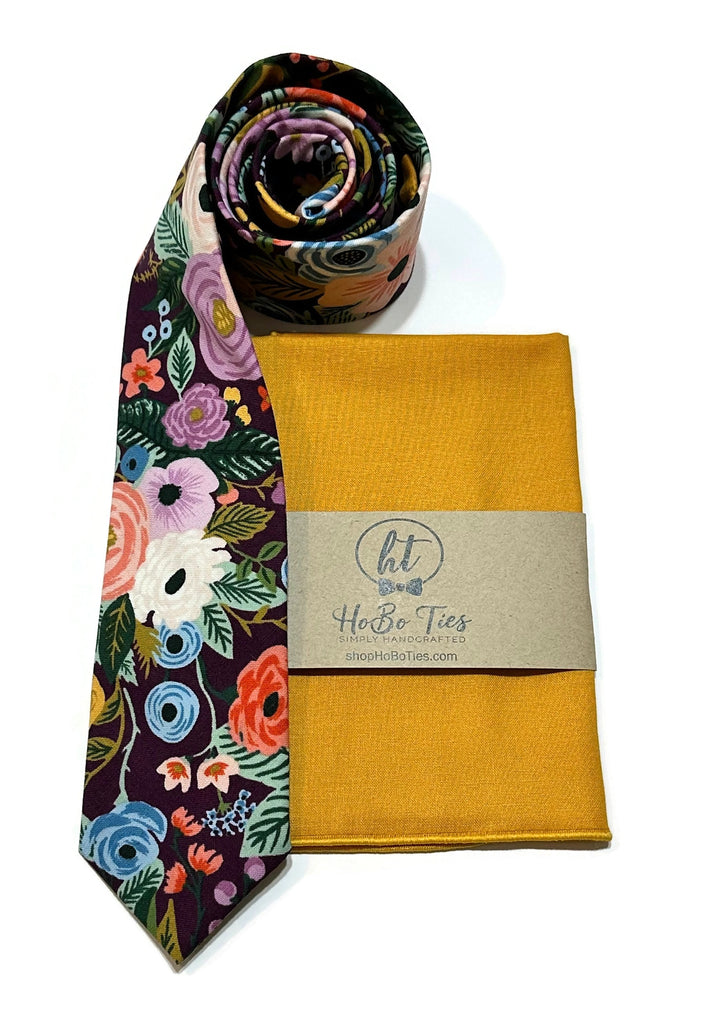 Eggplant Garden Party Floral Necktie with matching pocket square, handcrafted neckties, wedding accessories for men.