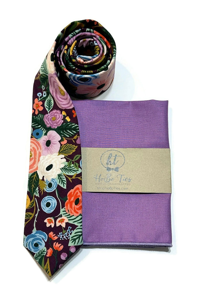 Eggplant Garden Party Floral Necktie with matching pocket square, handcrafted neckties for men and boys.