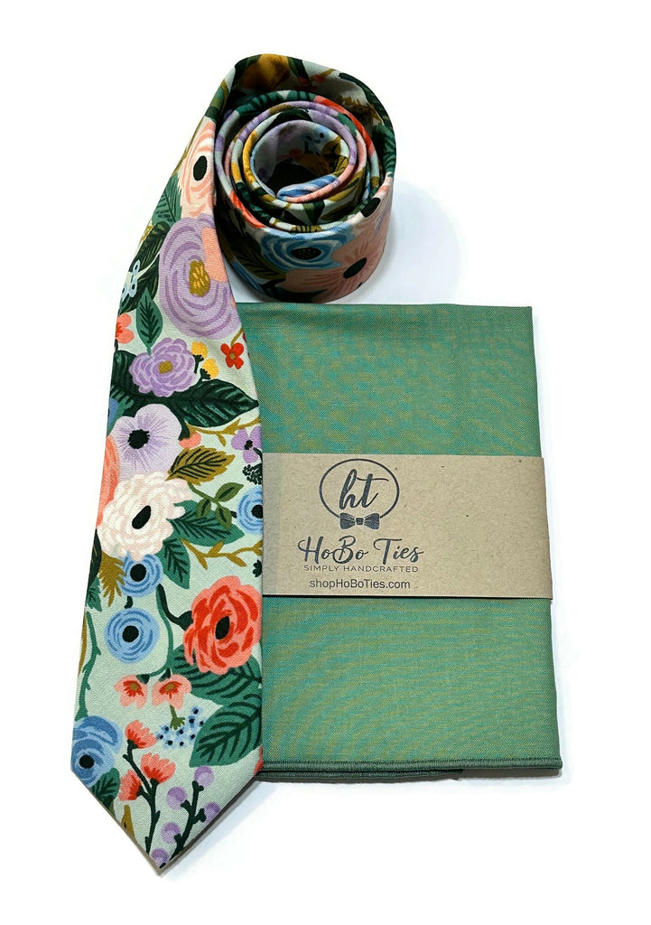 Mint Garden Party Floral Necktie with matching pocket square, handcrafted neckties for men and boys, floral neckwear.