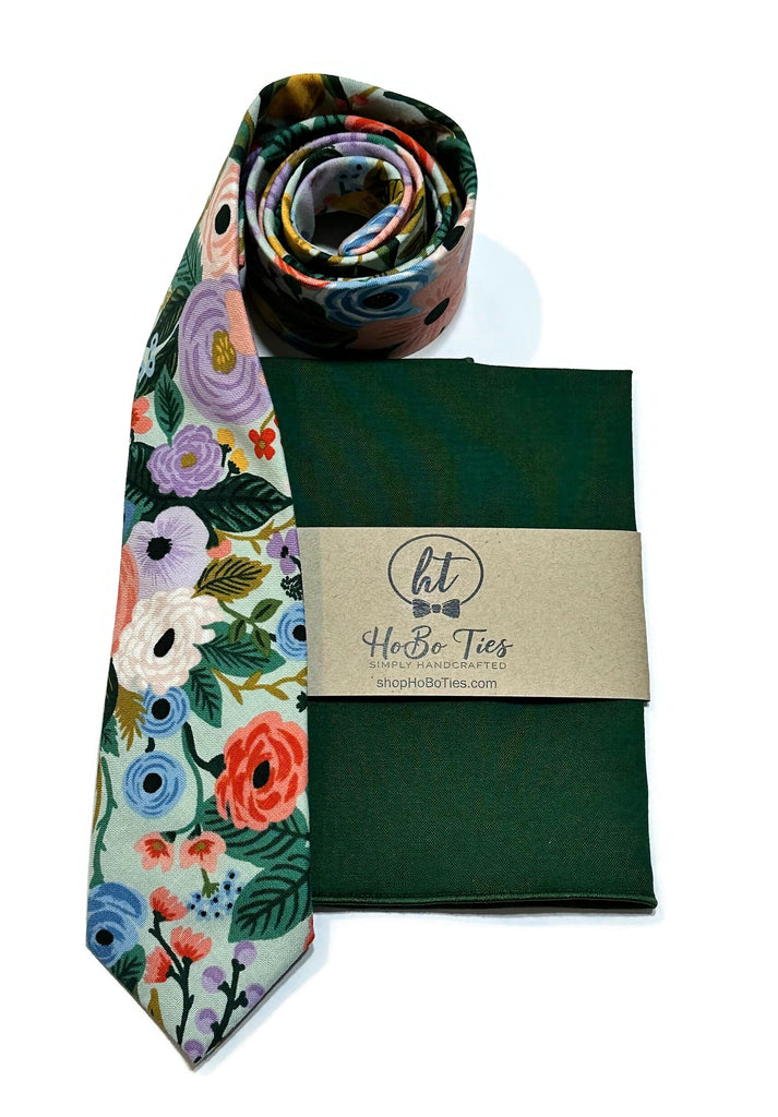 Mint Garden Party Floral Necktie with matching pocket square, handcrafted neckties for men and boys, unique floral design.
