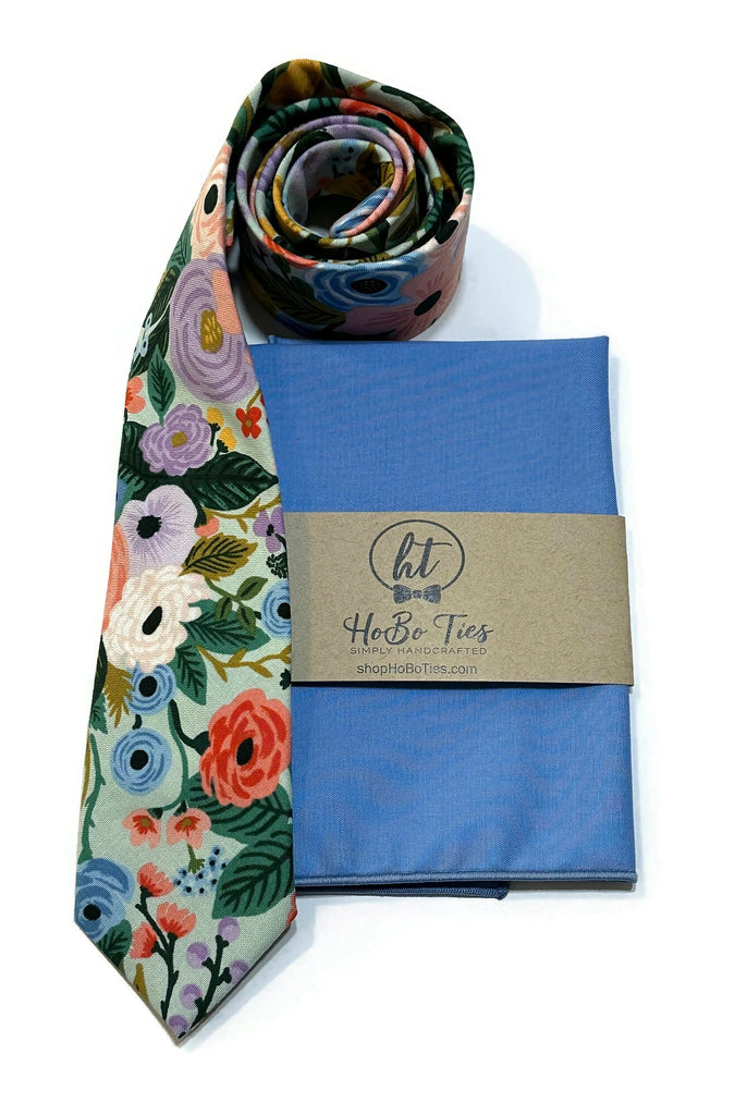 Mint Garden Party Floral Necktie with matching pocket square, handcrafted neckties, made from 100% cotton.