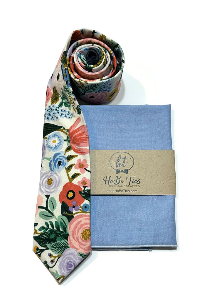 Ivory Garden Party Floral Necktie with matching pocket square, perfect for wedding accessories for men.