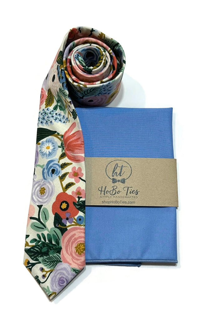 Ivory Garden Party Floral Necktie with matching pocket square and handmade tag, perfect for formal wear accessories men.