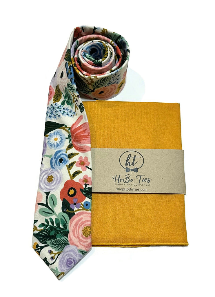 Ivory Garden Party Floral Necktie with matching pocket square, handcrafted neckties for men and boys, floral wedding accessories.