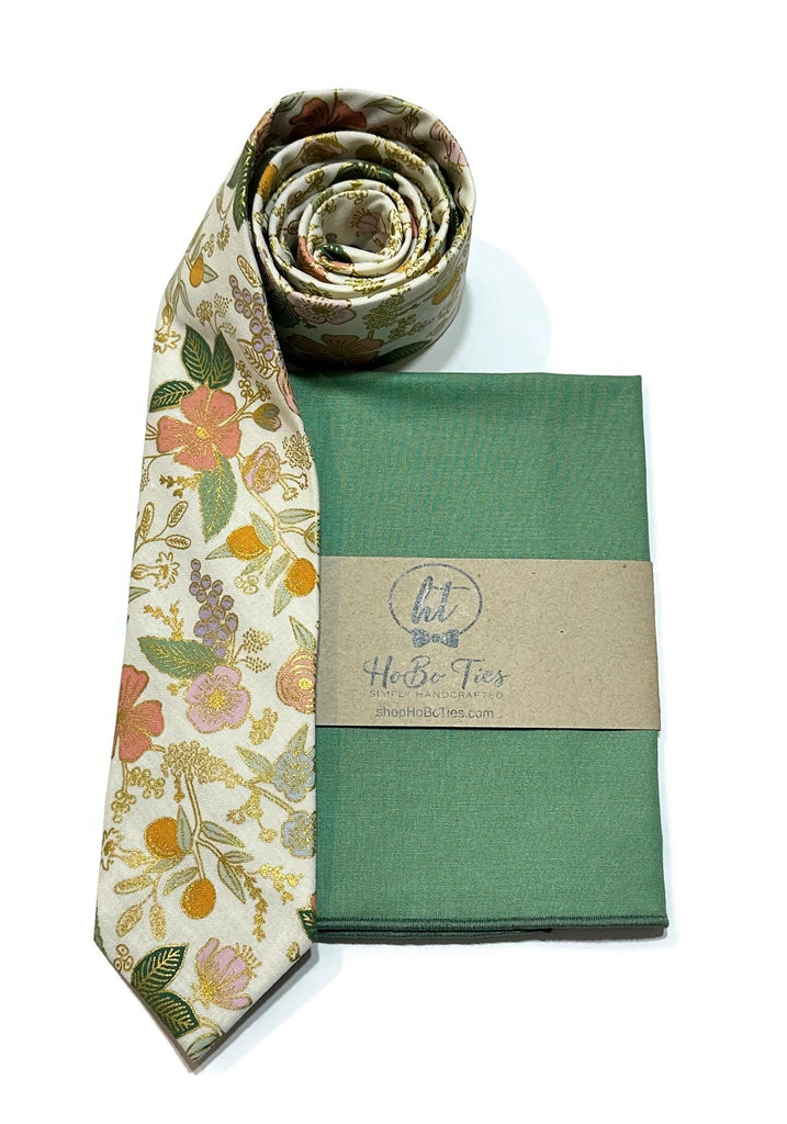 Cream Metallic Colette Floral Necktie with matching pocket square, handcrafted neckties, unique floral men’s accessories.