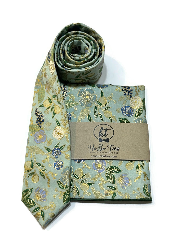 Mint Metallic Colette Floral Necktie and matching pocket square, handcrafted neckties for men and boys.