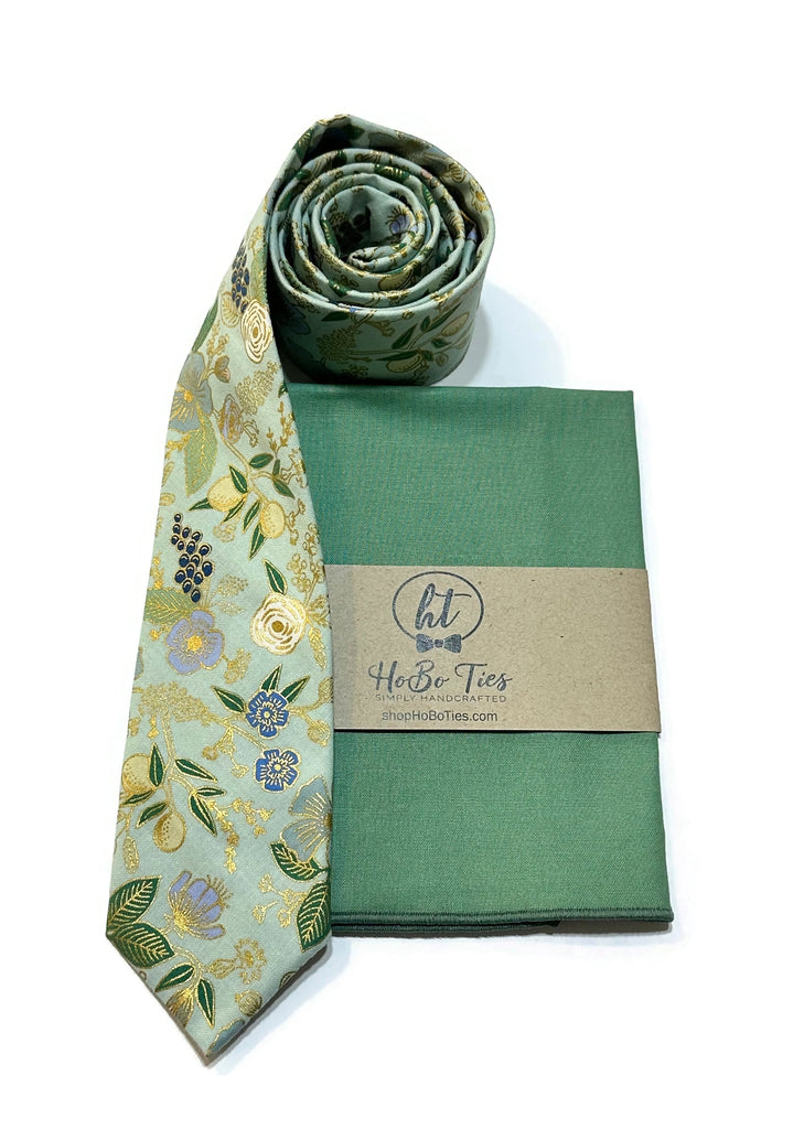 Mint Metallic Colette Floral Necktie with matching pocket square, handcrafted neckties and unique wedding accessories for men.