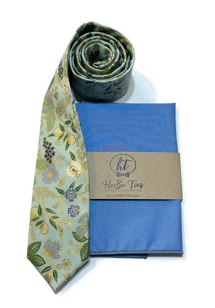 Mint Metallic Colette Floral Necktie with matching pocket square, handcrafted neckties and handmade men’s accessories USA.