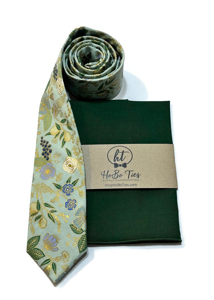 Mint Metallic Colette Floral Necktie paired with matching pocket square, ideal for weddings and formal wear accessories men.