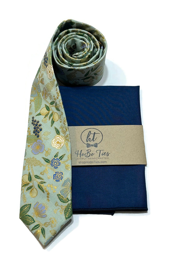 Mint Metallic Colette Floral Necktie displayed with a matching pocket square for handmade men’s accessories USA.
