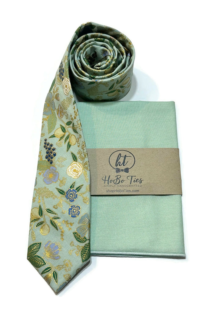Mint Metallic Colette Floral Necktie with matching pocket square, handcrafted neckties for men and boys.