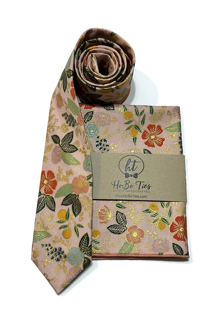 Blush Metallic Colette Floral Necktie with matching pocket square, handcrafted neckties for men and boys' formal accessories.