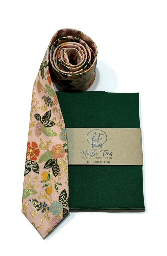 Blush Metallic Colette Floral Necktie with matching pocket square, handcrafted neckties for men and boys wedding accessories.