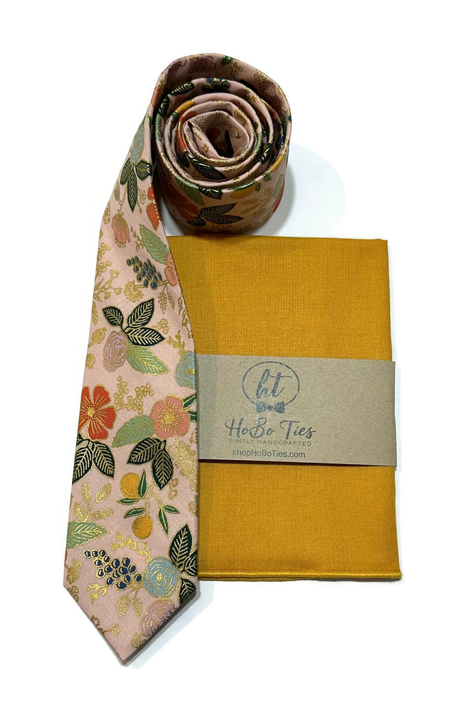 Blush Metallic Colette Floral Necktie with matching pocket square, handcrafted neckties, unique wedding accessories for men.