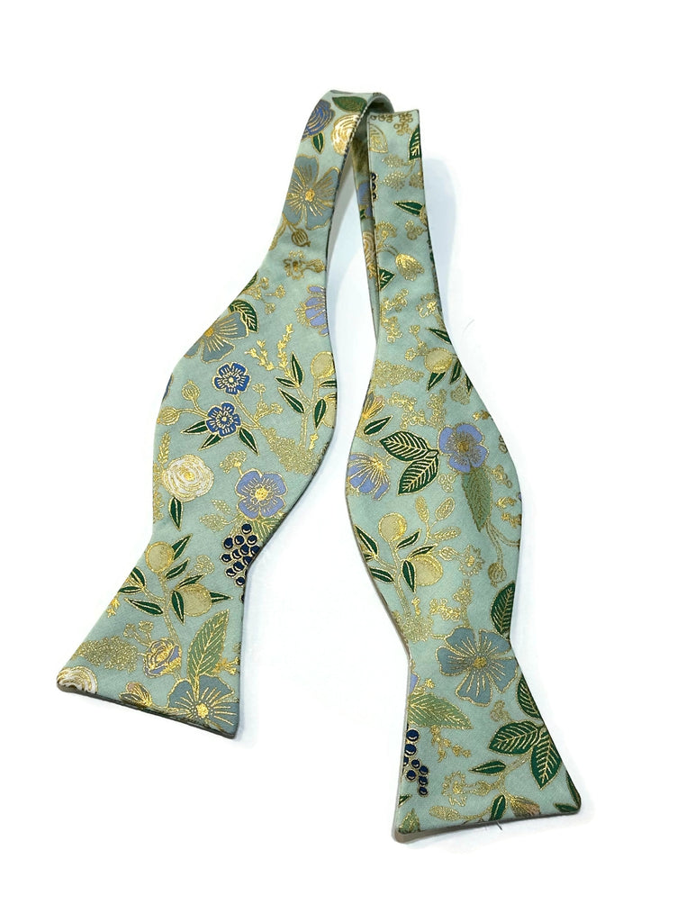 Mint Metallic Colette Floral Bow Tie, handcrafted neckties and handmade bow ties for men, unique floral design.