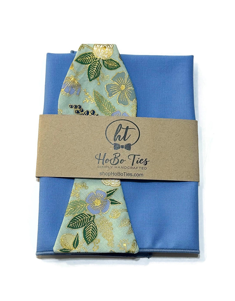 Mint Metallic Colette Floral Bow Tie and matching pocket square, handcrafted neckties for weddings and formal wear accessories.