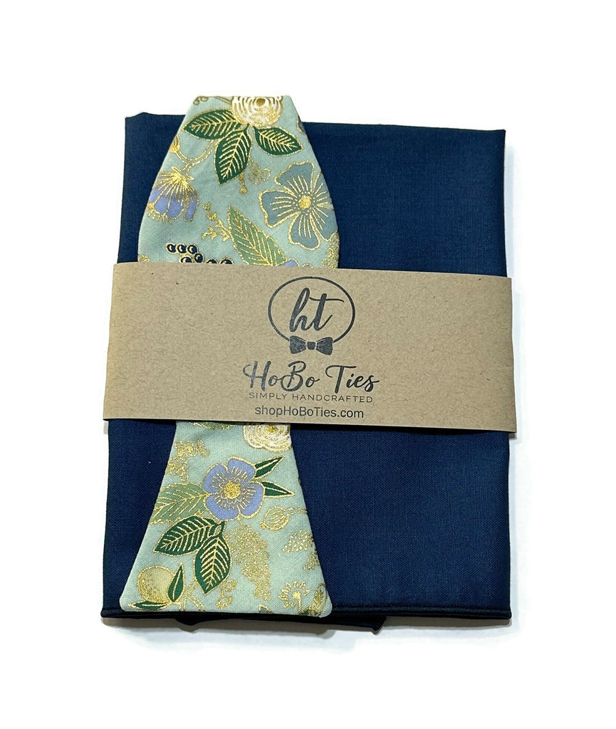 Mint Metallic Colette Floral Bow Tie with matching pocket square, showcasing unique floral patterns and handmade quality.