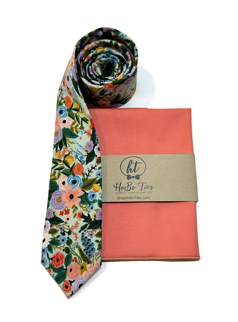 Mint Garden Party Petite Floral Necktie with matching pocket square for men’s wedding accessories.
