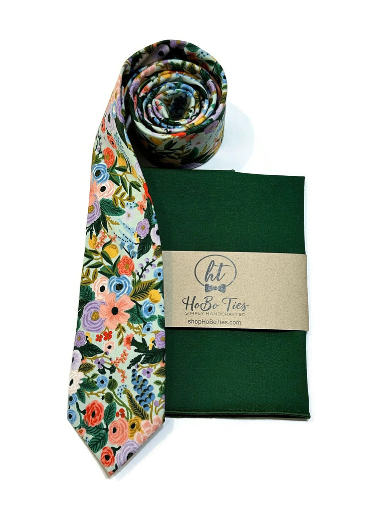 Mint Garden Party Petite Floral Necktie with matching pocket square, handcrafted neckties, unique floral design.