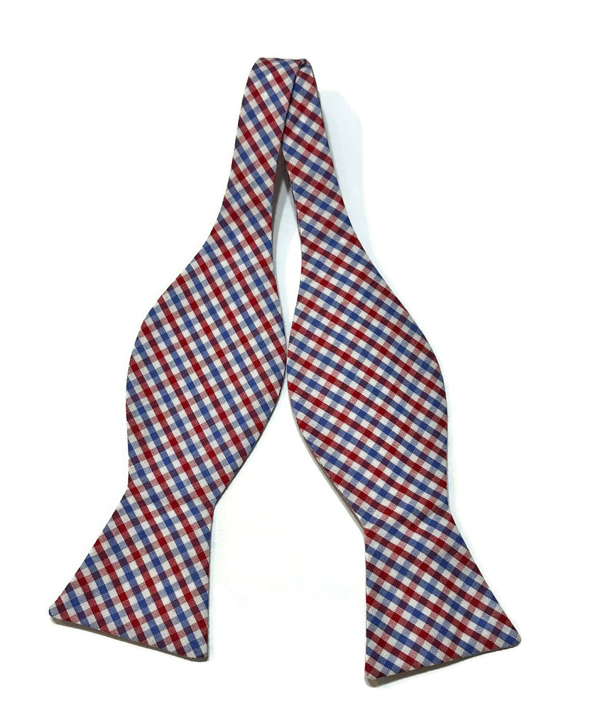 Red & Blue Tattersall Check Bow Tie handcrafted neckties for men, unique bow tie patterns, handmade accessories USA.
