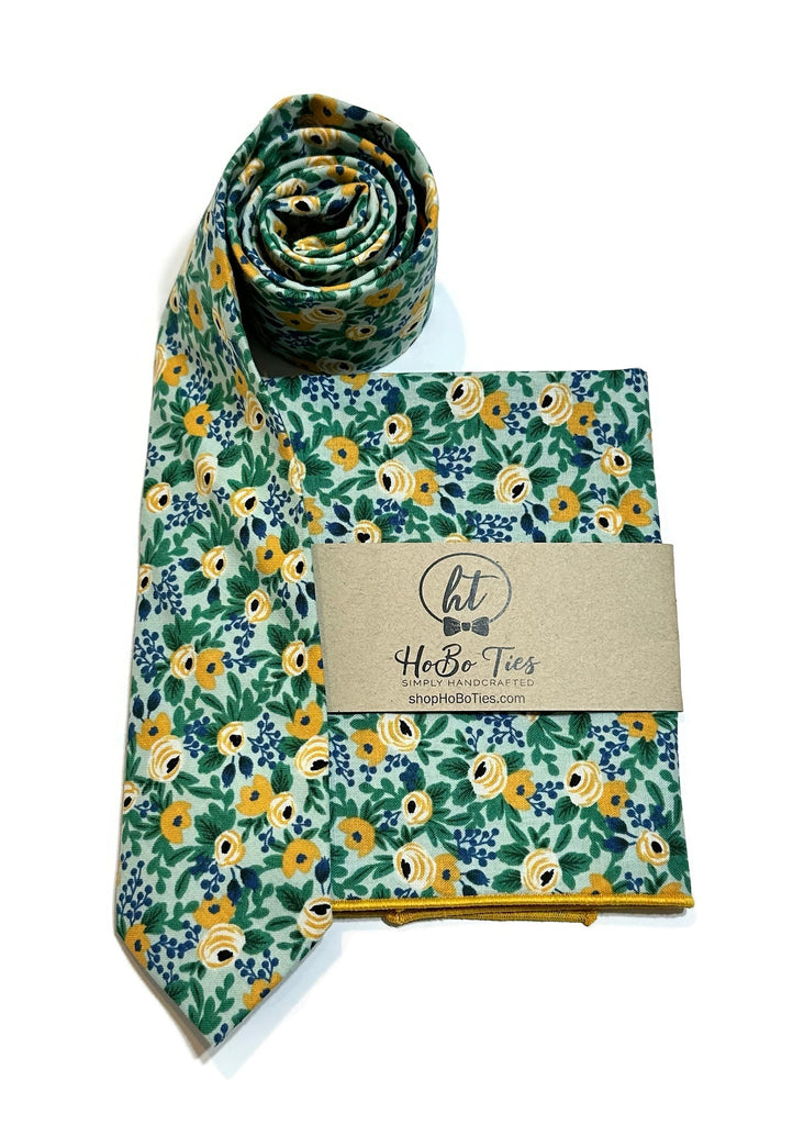 Mint Rosa Floral Necktie with pocket square, handcrafted neckties and handmade accessories for men, floral neckties.