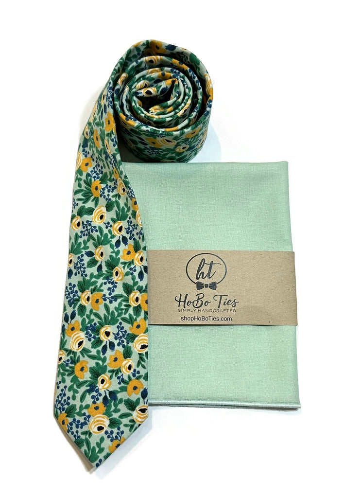 Mint Rosa Floral Necktie with matching pocket square, handcrafted neckties and accessories for men.