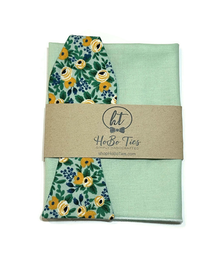 Mint Rosa Floral Bow Tie with matching pocket square, perfect for weddings and formal wear accessories men.