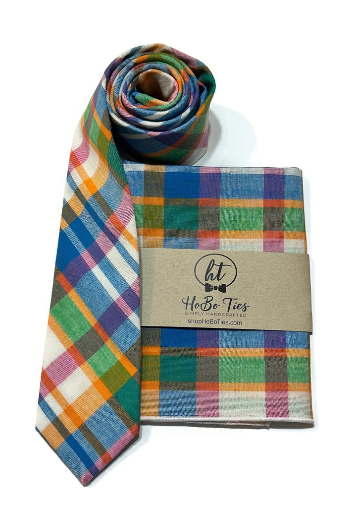 Summer Madras Plaid Necktie with matching pocket square, handcrafted neckties for men, colorful plaid design.