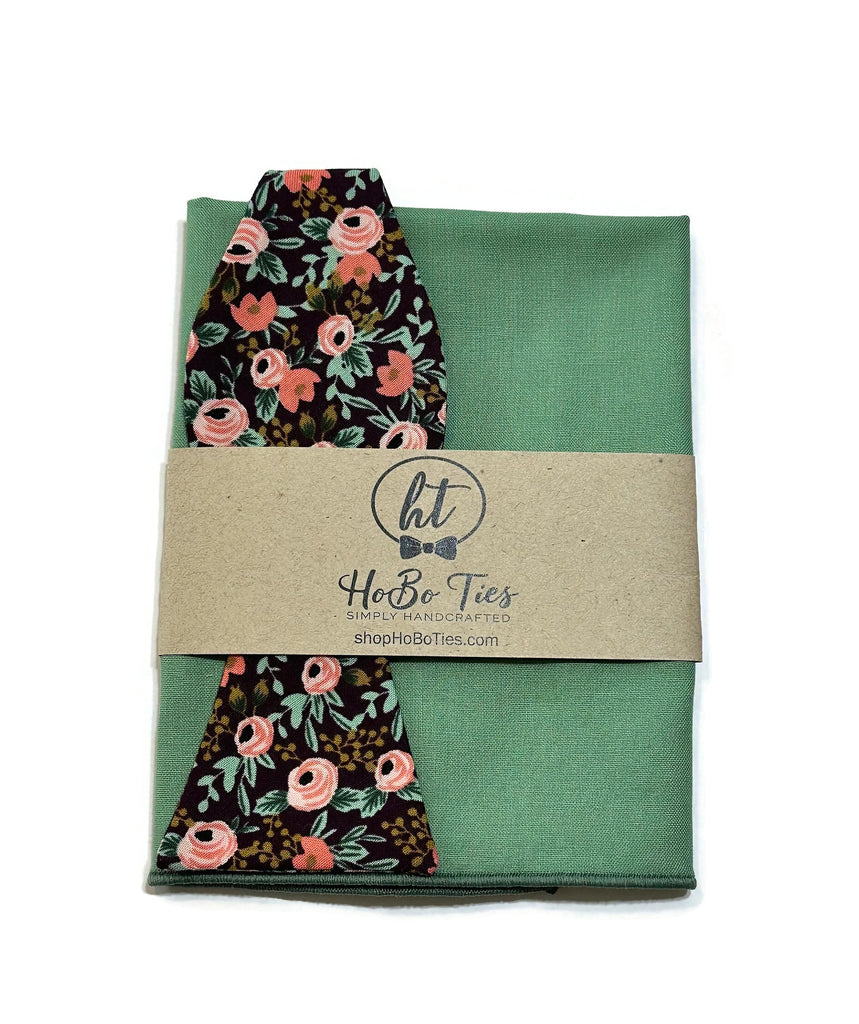 Currant Rosa Floral Bow Tie with matching pocket square, handcrafted neckties for men, handmade bow ties.