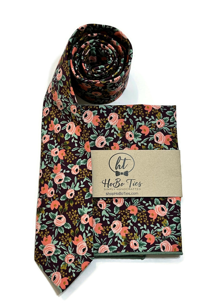 Currant Rosa Floral Necktie showcased with matching pocket square, perfect for formal wear accessories men.
