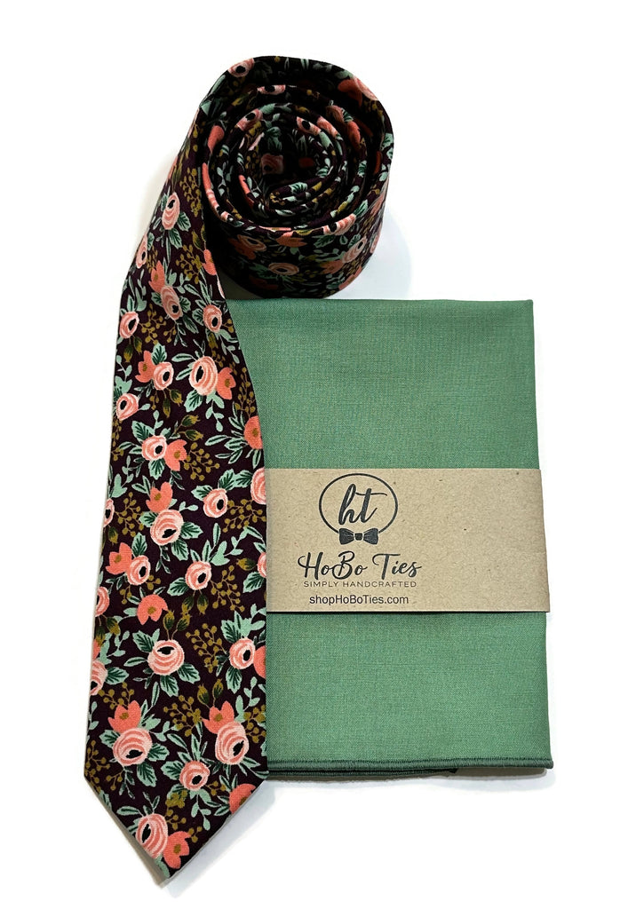 Currant Rosa Floral Necktie with matching pocket square, handcrafted neckties and wedding accessories for men.