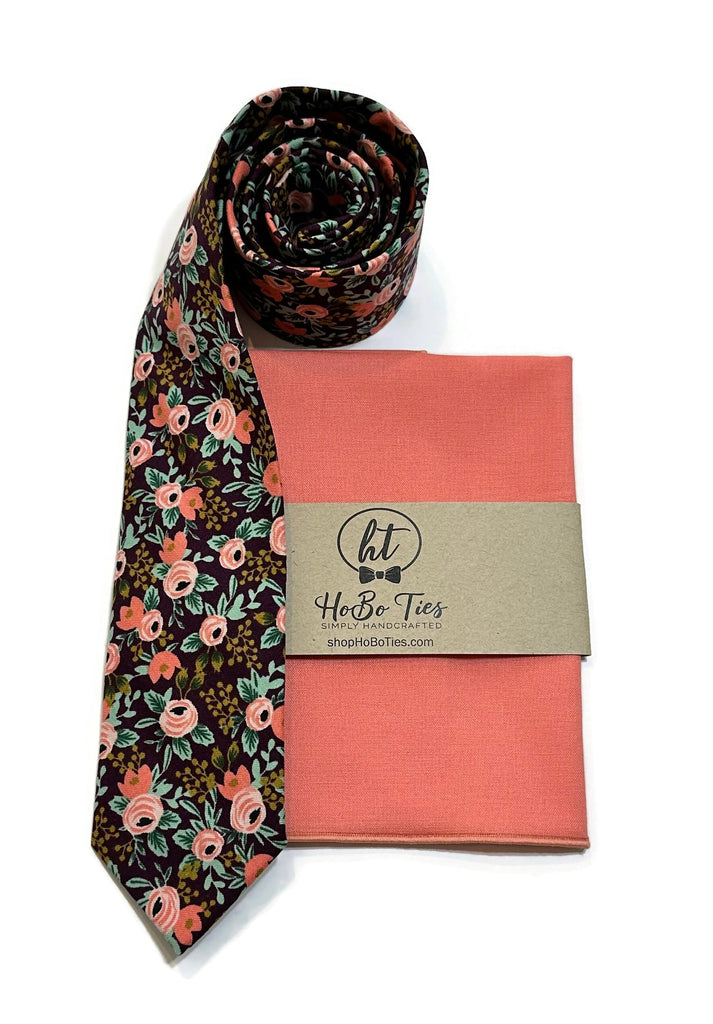 Currant Rosa Floral Necktie with matching pocket square, handcrafted neckties, unique floral patterns for formal men’s wear.