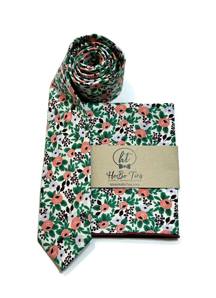 Lavender Rosa Floral Necktie with matching pocket square, handcrafted neckties and unique bow tie patterns