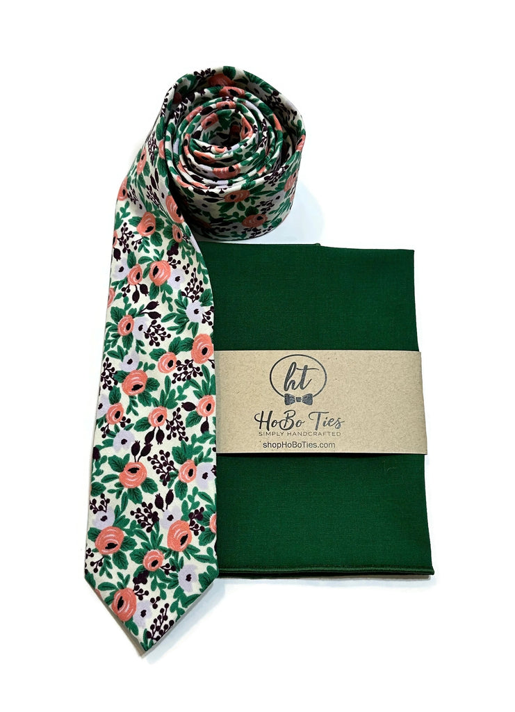 Lavender Rosa Floral Necktie with matching pocket square, perfect for wedding accessories for men and handcrafted neckties.