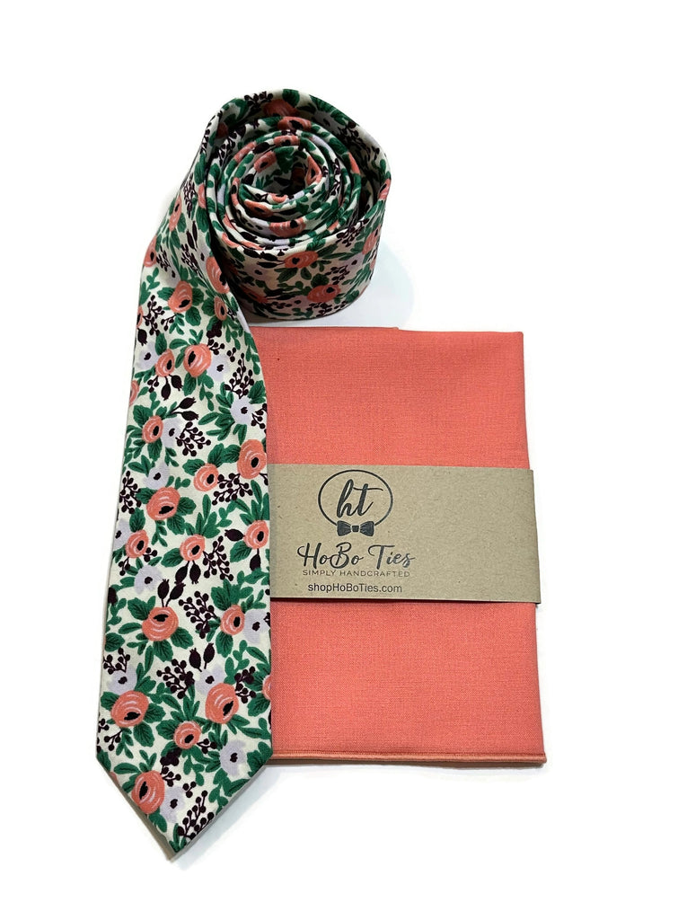 Lavender Rosa Floral Necktie with coordinating pocket square, handcrafted neckties for men's formal wear accessories.