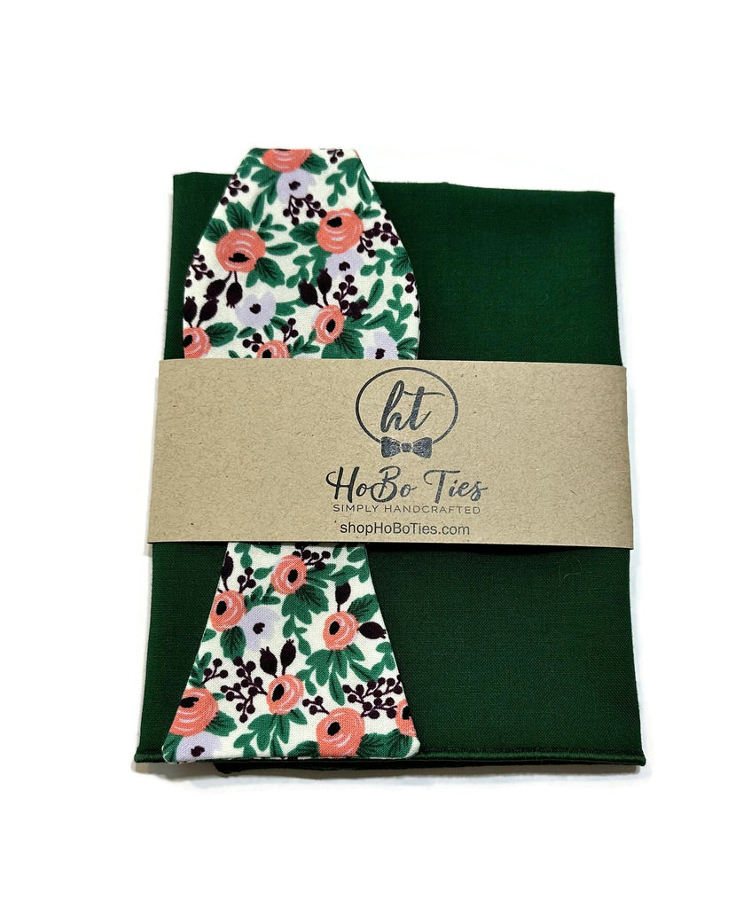 Lavender Rosa Floral Bow Tie with green pocket square by HoBo Ties, handcrafted neckties for men and boys, unique floral patterns.