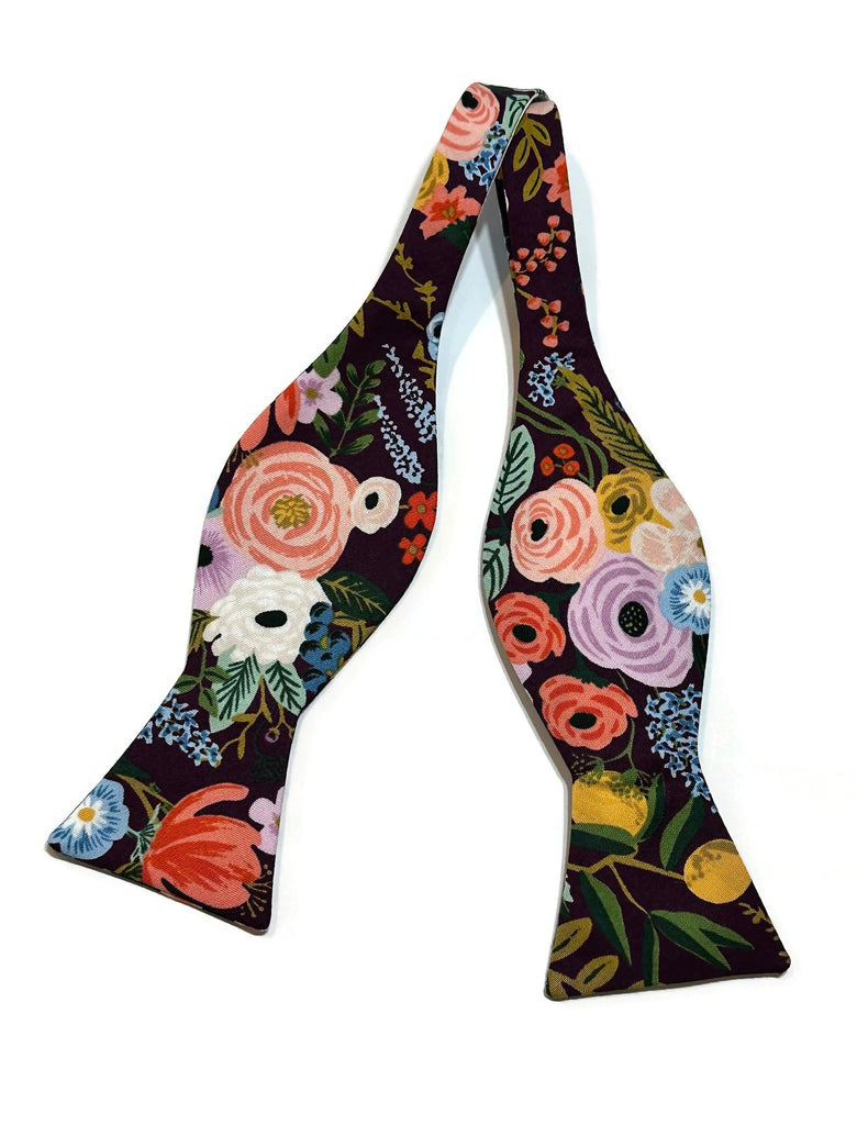 Eggplant Garden Party Floral Bow Tie handcrafted neckties for men, unique floral patterns, made in USA.
