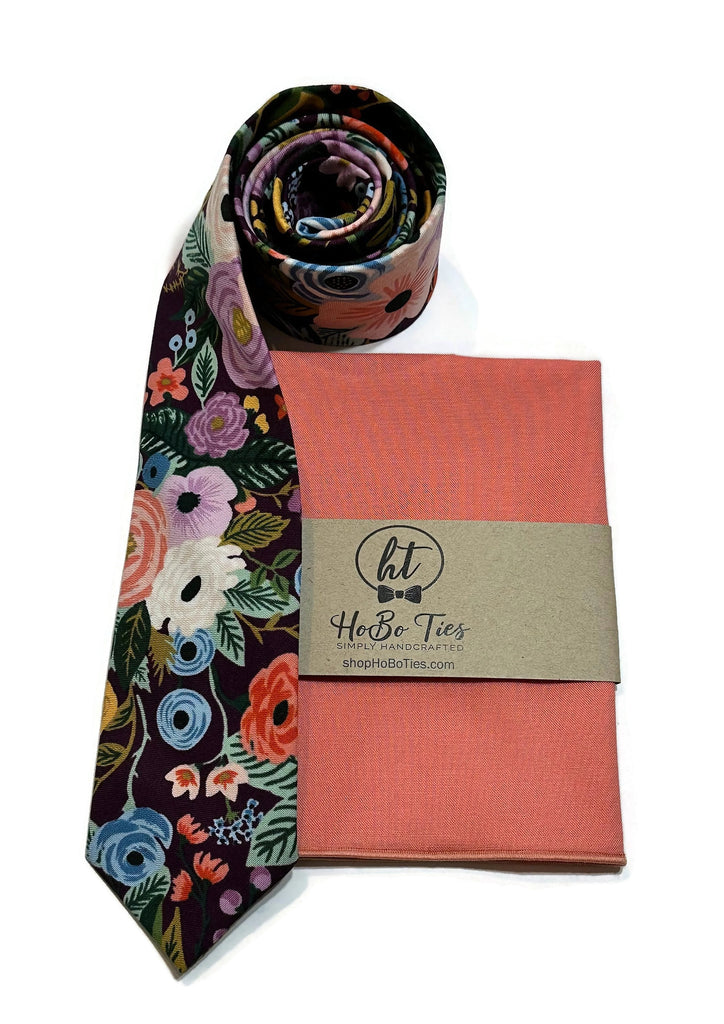 Eggplant Garden Party Floral Necktie with matching pocket square, handcrafted neckties for weddings and formal wear.